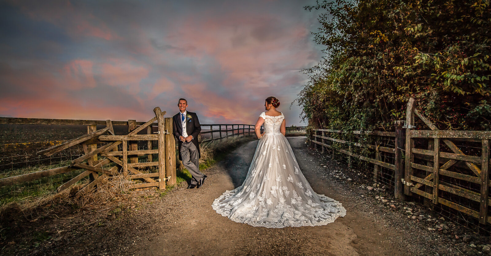 Beautiful sunset wedding at Notley Tythe barn